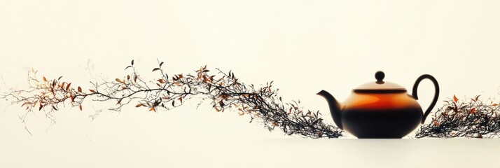 Poster - This artwork features a teapot seamlessly merging with delicate tea leaves, illustrating the harmony between brewing and nature. Generative AI