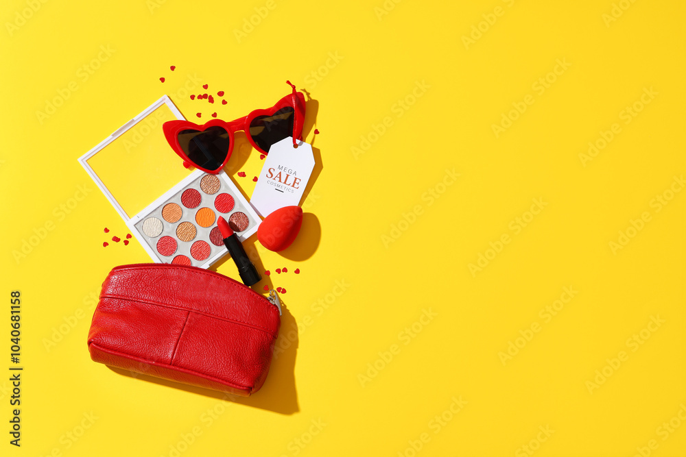 Composition with decorative cosmetics, accessories and sale tag on yellow background