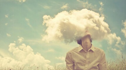 Fototapete - A whimsical scene of a person with their head in the clouds, symbolizing daydreaming and escapism in contemporary life, Open field