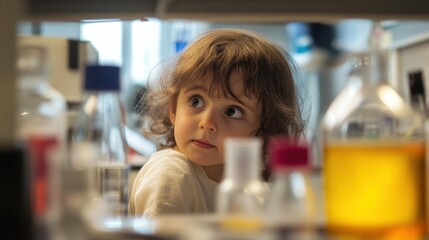 Aufkleber - A young child exploring a science laboratory with curiosity, STEM education theme, Educational style