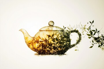 Poster - The artwork depicts a teapot seamlessly merging into vibrant tea leaves, symbolizing the essence of tea brewing and nature’s harmony. Generative AI