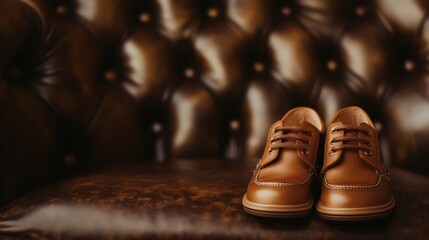 A pair of elegant brown leather shoes placed on a richly textured leather chair, showcasing craftsmanship and luxury with a classic style appeal.