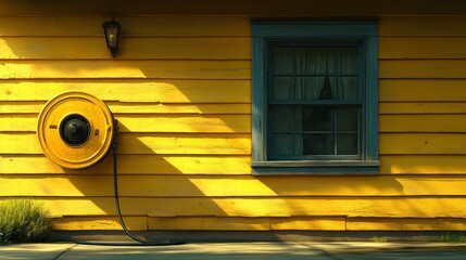 Wall Mural - A yellow house exterior with a window and a round fixture.