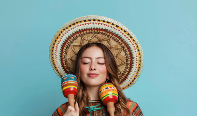 Woman with maracas, girl in Mexican sombrero hat and poncho singing on light blue background