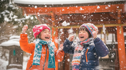 Poster - 神社の前で雪合戦をする日本人の子供たち