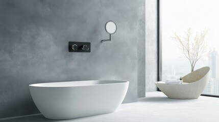 Poster - An elegant view of a modern bathroom with a touchless faucet, smart shower controls, and a minimalist design