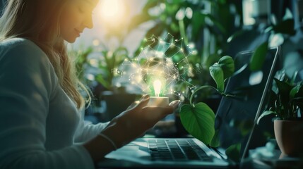 Aufkleber - An entrepreneur launching a green technology startup focused on sustainable energy solutions in an eco-friendly innovation hub, Green technology scene, Sustainable development style
