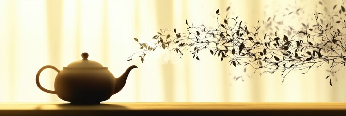 Poster - The silhouette of a teapot gracefully transitions into swirling tea leaves, highlighting the beauty of herbal infusion in soft light. Generative AI