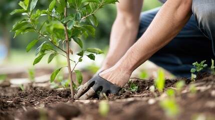 Aufkleber - An environmentalist planting trees in an urban garden to promote sustainable living, Sustainability scene, Green style