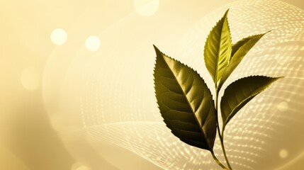 Poster - A graceful tea leaf silhouette stands out against a warm, golden backdrop, capturing the essence of tranquility in nature's beauty. Generative AI