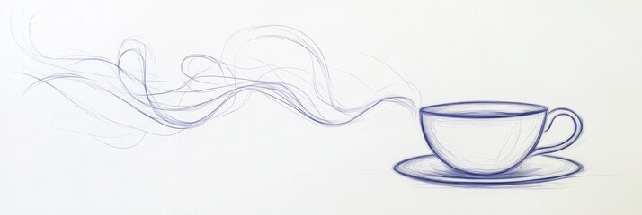 Poster - A tea cup is illustrated with a smooth continuous line, accompanied by soft steam lines that suggest warmth and tranquility. Generative AI