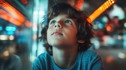 A young boy with tousled hair gazes dreamily at glowing displays through glass, filled with imagination and wonder in a tranquil, reflective moment of childhood.