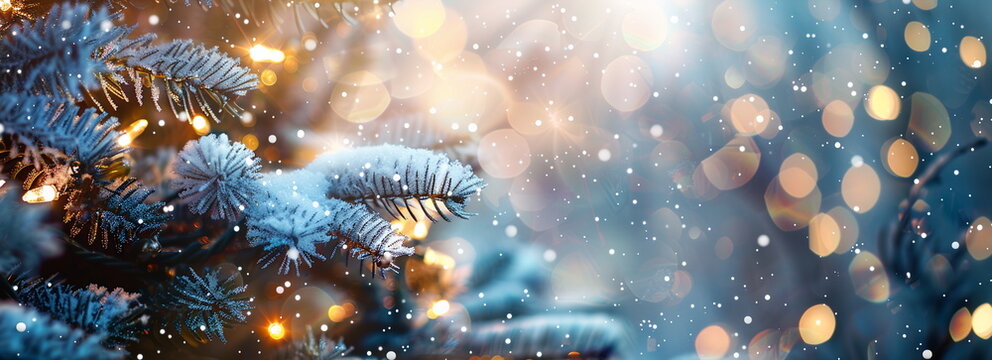 Frosty winter background with snow-covered tree and glowing lights. Christmas card banner design, copy space for text, bokeh effect, blurred
