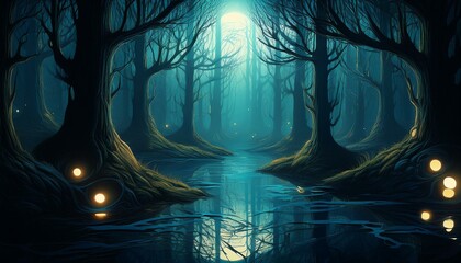 Wall Mural - Enchanted forest at night