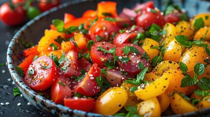 Vegan cuisine dish, vibrant colors, fresh ingredients, closeup, inviting