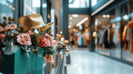 A boutique display showcases a stylish golden hat surrounded by lush floral arrangements, representing elegance and fashion in a modern shopping setting.