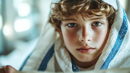 A young boy with blue eyes wrapped in a white cloth looks directly at the camera with an intense gaze, radiating a sense of youthful curiosity and wonder.