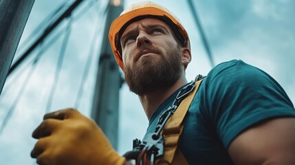 A construction worker wearing a safety helmet and gear looks upward against a blue sky, symbolizing determination, modern labor, and industrial progress.