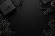 © fotoyou - Black Boxes with Pine Tree Branches on Black Top View, Black Friday Concept