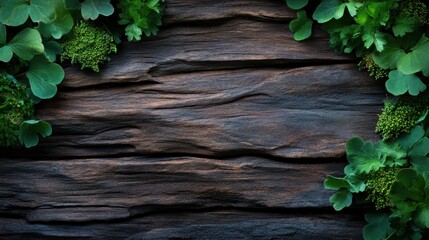 Close-up shot of dark, rich wood texture framed by vivid green leaves, reflecting the interaction between lifeless material and vibrant life of nature.