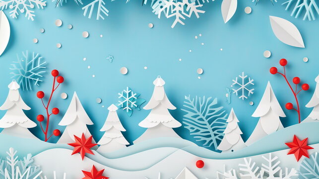 Winter Christmas and New year composition in paper cut style, created by children, kids. Hand made effect. Blue and white colors. Christmas tree, snowflakes, snow, berries.