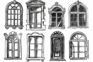 Windows drawing set, hand-drawn architecture design elements, windows freehand pictures