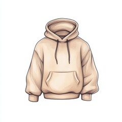 Beige hoodie with a front pocket, on a white isolated background.