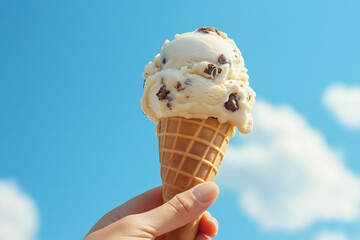 A milk ice cream with small pieces of chocolate being lifted by a hand and in the background a blue day with clouds. International Ice Cream Day