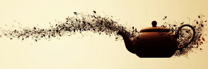 Poster - The silhouette of a teapot merges beautifully into flowing tea leaves, showcasing a harmonious blend of design and nature. Generative AI