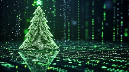 Poster - Digital Christmas tree glowing in a virtual landscape of green light and binary code