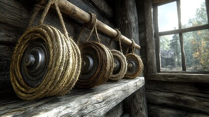 Close-up of pulleys and ropes in a rustic wooden setting.