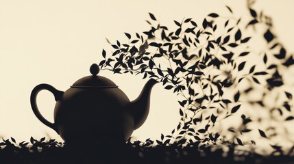 Poster - The silhouette of a teapot elegantly transforms into swirling tea leaves, creating an abstract representation of brewing tea. Generative AI
