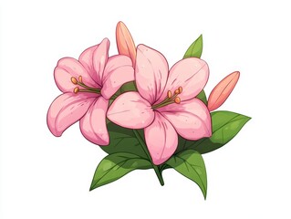 Wall Mural - pink lilies with green leaves on a white isolated background.