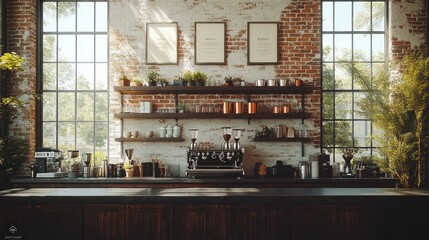 Wall Mural - Cozy caf? interior with brick walls and greenery.