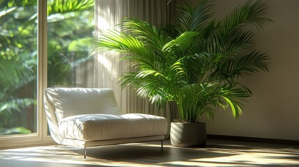 Wall Mural - Cozy chair beside a lush potted plant in a bright room.