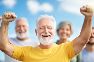 Wall Mural - A man in a yellow shirt is smiling and holding his hands up in the air