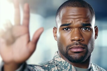 Wall Mural - A man with a military uniform is holding his hand up in a stop sign gesture, military instructor