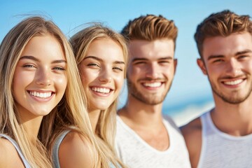 Canvas Print - Four smiling people are posing for a photo on a beach