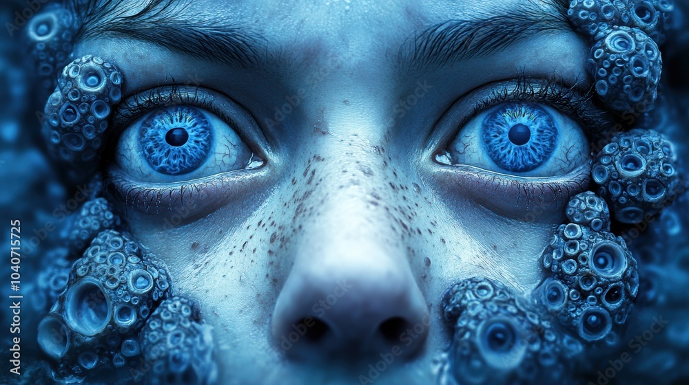 Surreal close-up of a face with vivid blue eyes and textured skin ...