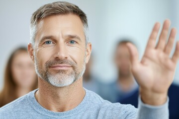 Canvas Print - A man with a beard and gray hair is smiling and waving at the camera, class for adults