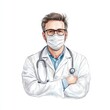 © GenBy - Male doctor wearing glasses and mask, arms crossed, isolated on white background.