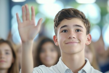 Canvas Print - A boy is waving at the camera with a smile on his face