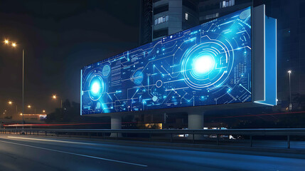 A digital billboard with a futuristic design displays a glowing blue circuit board pattern against a black background.