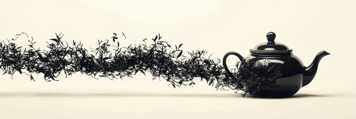 Wall Mural - A silken silhouette depicts a teapot gracefully transitioning into delicate tea leaves, symbolizing a poetic connection between tea and nature. Generative AI