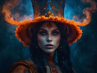 Woman in Fantasy Costume With Large Hat and Smoky Background