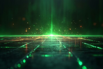 Wall Mural - futuristic digital landscape with glowing green energy beam and abstract particles for a technology 