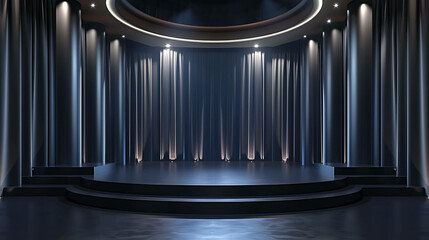 3D rendering of an empty stage with dark blue curtains. The stage is illuminated by spotlights.