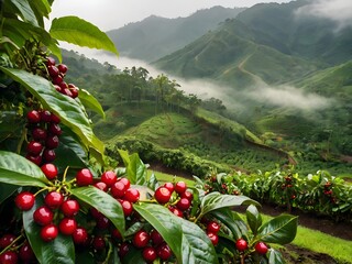 Lush Green Mountain Landscape with Red Berries and Fog