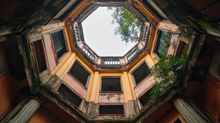 An octagonal perspective of an old building in Madho Bhawan, Kolkata, India, December 25, 2022.