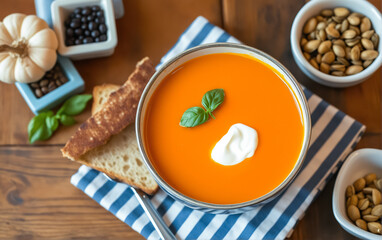 Bowl of pumpkin cream soup. Delicious home cooking. Autumn mood. Recipes for home cooking.